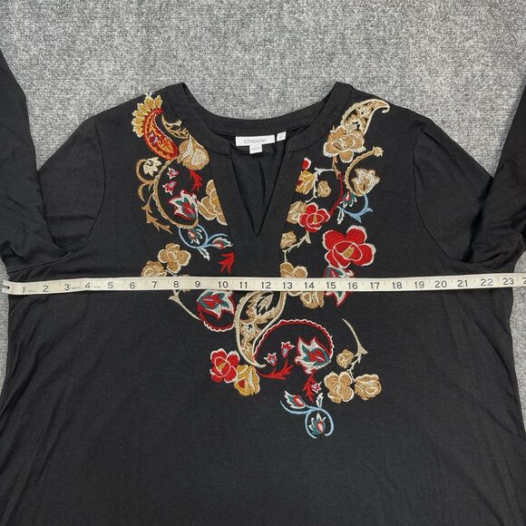Chicos Top Sz 3 Womens XL Black Floral Embroidered Pima Cotton Blend 3/4 Sleeve - Picture 5 of 7
